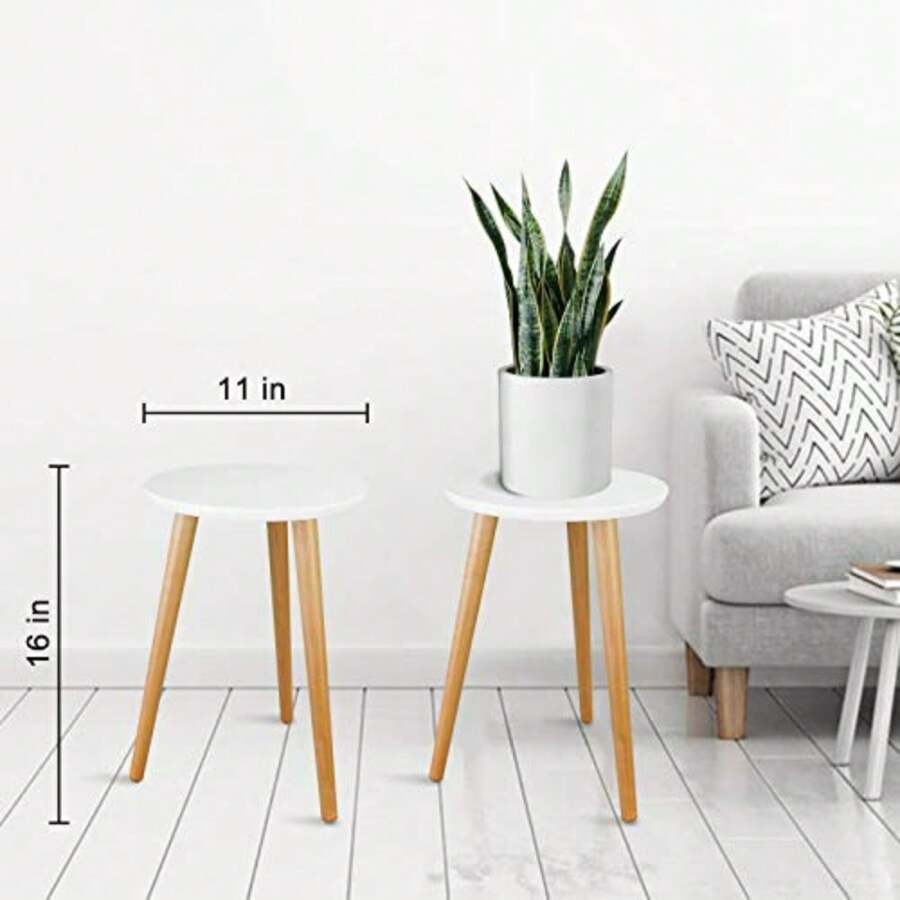 Plants X - ชั้นวางต้นไม้ไม้สไตล์มิดเซ็นจูรี่ สำหรับปลูกในร่ม โต๊ะทรงสูงสำหรับวางกระถางดอกไม้ โต๊ะข้าง/โต๊ะปลายทรงกลมขนาดเล็ก สีขาว A2